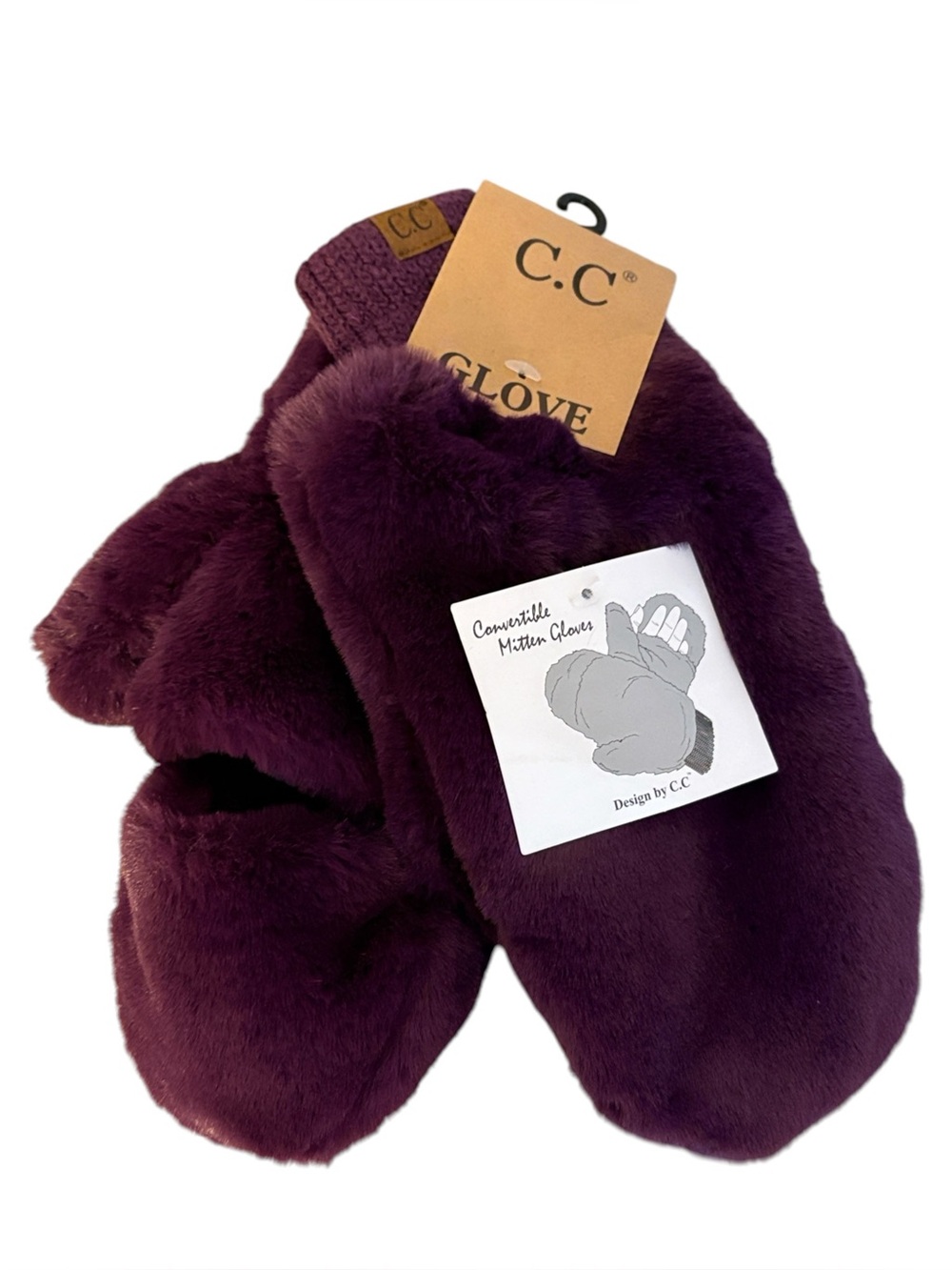 C.C. Purple Plush Faux Fur Convertible Mittens Gloves New